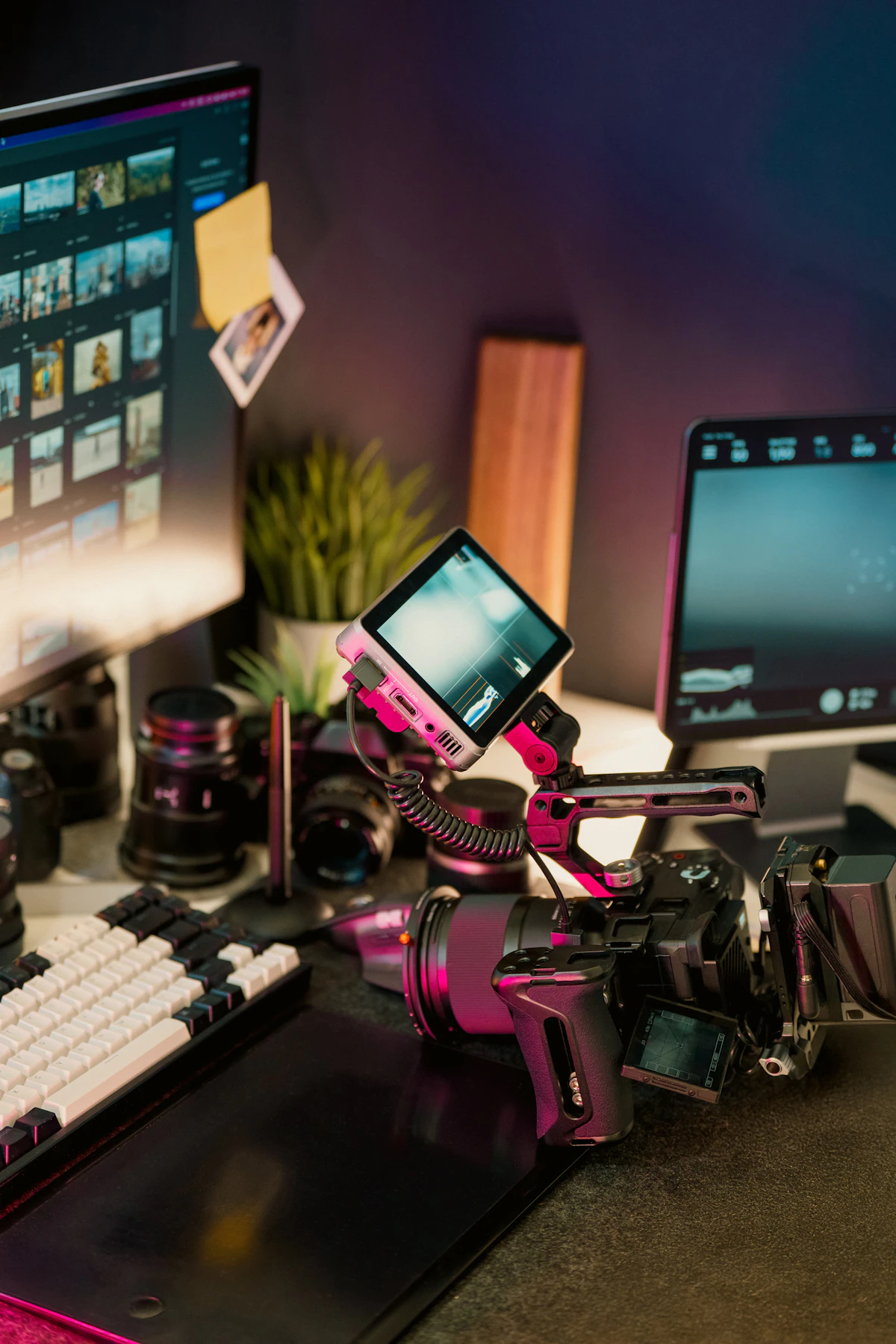 Video cameras and editing equipment in a creator workspace