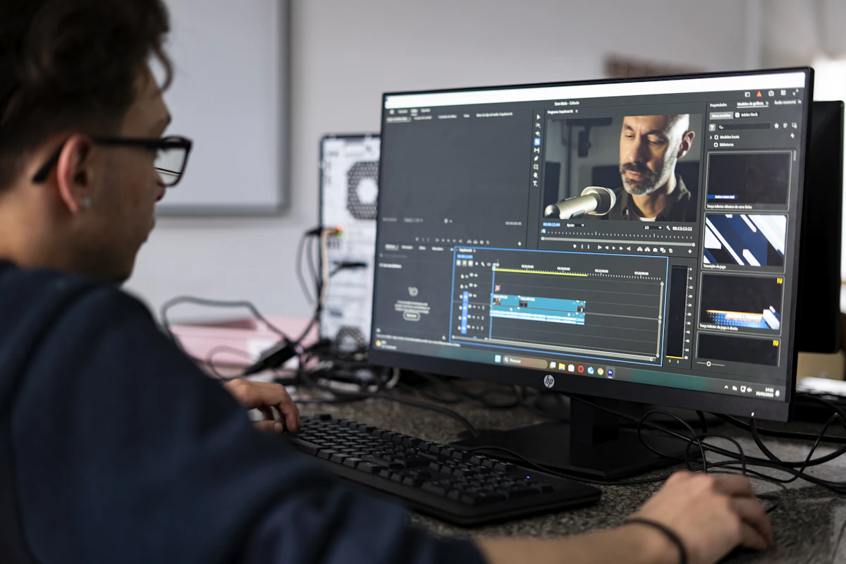 A creator reviewing recorded video at an editing workstation